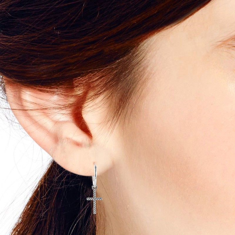 AeraVida Grid Pattern Cross Dangling Sterling Silver Hoop Earrings |