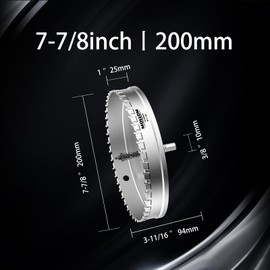 Mollom (7-7/8''|200mm) Heavy Duty Carbide Hole Saw with 2 Pilot Drill Bits, Hole Cutter cuts Stainless Steel, mild Steel, Iron, Copper, Brass, Plastic