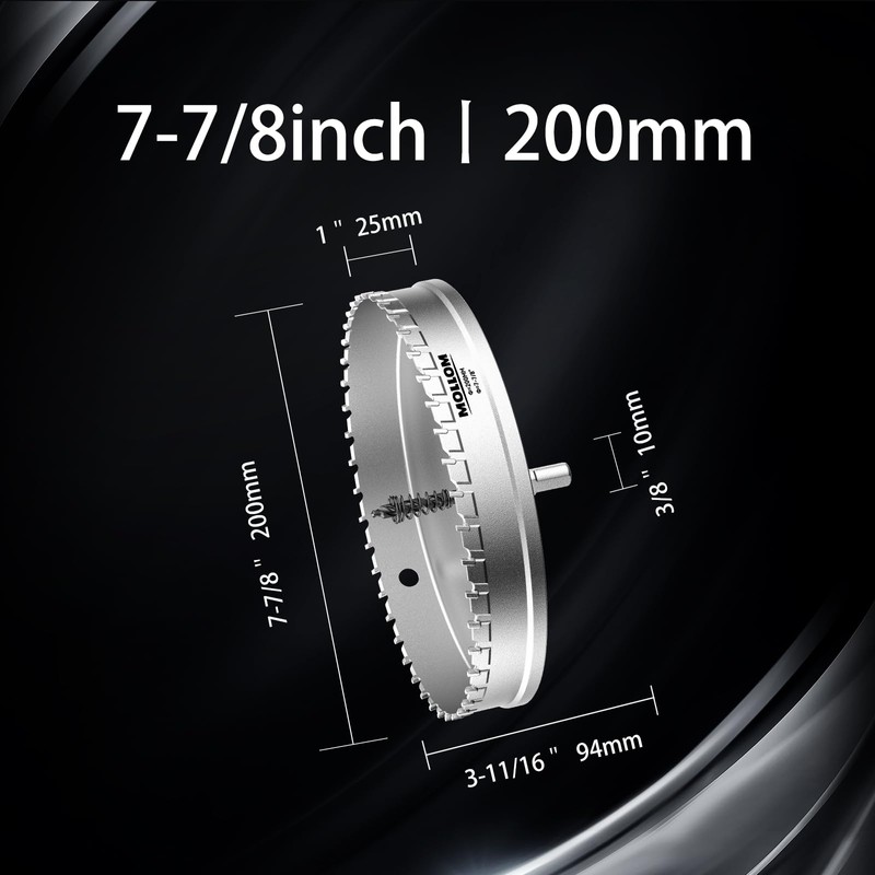 Mollom (7-7/8''|200mm) Heavy Duty Carbide Hole Saw with 2 Pilot