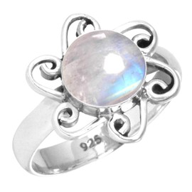 Jeweloporium 925 Silver Ring for Women White Real Rainbow Moonstone Gemstone Fashion Silver Ring Size S Mothers' Day Gift Boho Jewelry