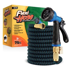 Flexi Hose Expandable Garden Hose with 8 Function Nozzle, 75FT - Lightweight Retractable Garden Hose, Water Hose - No-Kink Flexibility, 3/4 Inch Solid Brass Fittings and Double Latex Core