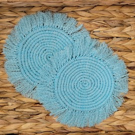 Mokoboho Set of 2 Macrame 100% Cotton Coasters Handmade in India - Elegant and Absorbent 6-inch Round Woven Boho Coaster Set with Fringe Tassels for Drinks and Mugs (Sky Blue)