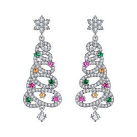 EVER FAITH Cubic Zirconia Merry Christmas Tree Pierced Dangle Earrings for Women Multicolor Silver-Tone