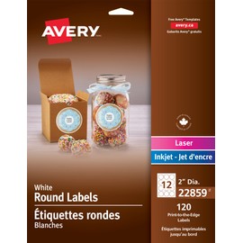 Avery Matte White Round Labels, 2" Round Labels, for Laser/Inkjet Printers, 120 Labels, Permanent, Matte White, (22859), Made in Canada