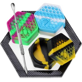 Patelai 5 Pieces Wax Silicone Container Jar Tools Include 26 ml Non Stick Hexagon Honeybee Jar Oil Kitchen Storage Container with 5 Inch Wax Mat Pad and Carving Tool