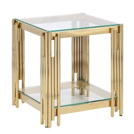 20" Wide Square End Table with Glass Top, Golden Stainless Steel Tempered Glass Coffee Table for Living Room&Bed Room (Gold1)