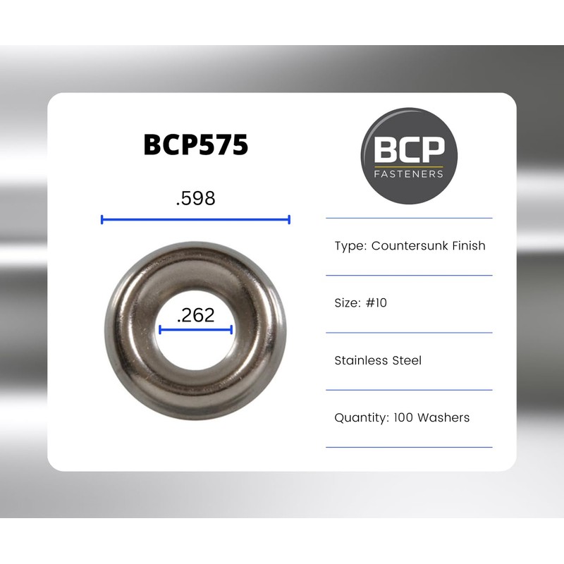 BCP Fasteners 100 Qty #10 Stainless Steel Countersunk Finish Washers