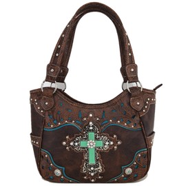 Western Style Rhinestone Cross Conchos Studded Women Purse Tooled Leather Handbag Country Shoulder Bag Trifold Wallet Set (Coffee Set)