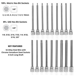 Neiko 10079A Extra Long Allen Hex Bit Socket Set, 18 Piece SAE and Metric Allen Socket Set, 3/8 Drive, 1/8" – 3/8 Inch & 3mm – 10mm, 6” Long Allen Hex Socket Bit Set, Allen Head Hex Key Socket Set …