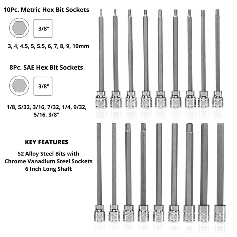 Neiko 10079A Extra Long Allen Hex Bit Socket Set, 18