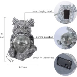 Jy.Cozy Garden Dragon Statue Solar Powered Outdoor Figurine Light Decor Cute and Hold Glowing Glass Ball Resin Sculpture Home Decoration for Porch Patio Lawn Farm Yard Housewarming Ornament Gift