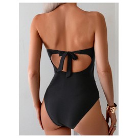 GORGLITTER Women's Strapless Metal One Pieces Swimsuits Modest Tummy Control Bathing Suit Cut Out Bandeau Monokini Black Medium