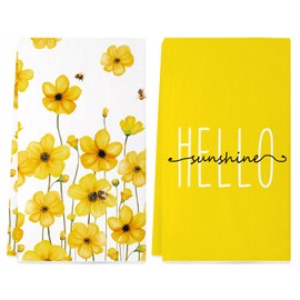 Siilues Spring Kitchen Towles, Yellow Flowers Bee Hello Sunshine Dish Towles Seasonal Summer Holiday Decoration Hand Towels Set of 2
