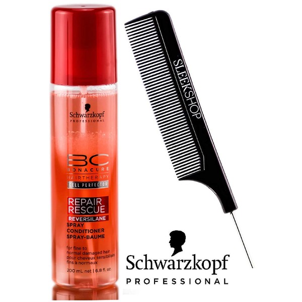 Schwarzkopf BC BONACURE Repair Rescue SPRAY CONDITIONER for FINE TO NORMAL DAMAGED HAIR (with Sleek Steel PIn Tail Comb) Leave In Conditioner (Repair Rescue - 6.8 oz / 200 ml)