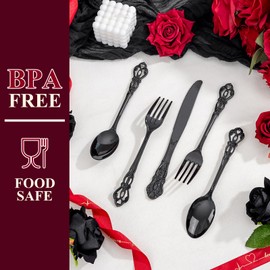 Joyido 150PCS Black Plastic Silverware - Heavy Duty Disposable Cutlery Sets - Fancy Plastic Utensils Flatware Include 50 Forks, 50 Spoons, 50 Knives for Catering, Parties, Dinners, Weddings