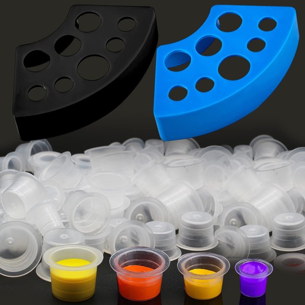CINRA Tattoo Ink Caps with Ink Cap Holder, 300pcs Tattoo Ink Cups and 2 Ink Cups Holders Small Medium Large Pigment Caps Cups for Tattoo Ink Makeup Container Cap Tattoo Accessory