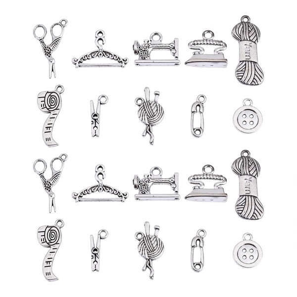 Airssory 100Pcs 10 Style Vintage Life Charms Sewing Machine Wool Coat Hanger Clip Ruler Button Iron Scissors Mini Charm Bulk Lot for Jewellery Making Crafts