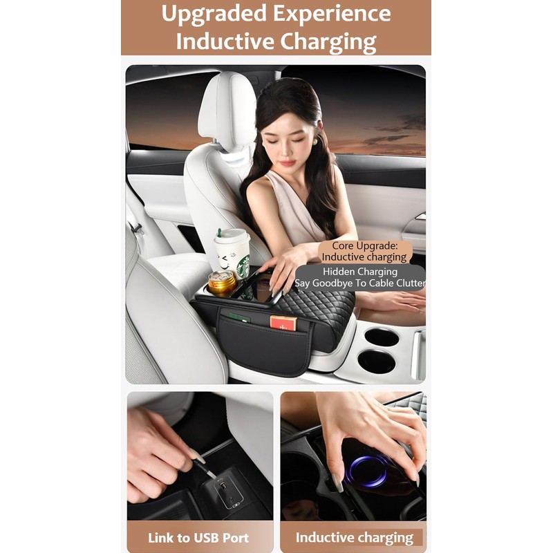 TNDCKP Induction Charging Car Armrest Pad, Leather Center Console Cushion,
