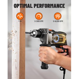 DOVAMAN PHD03B 7.5A Corded Hammer Drill, 1/2'' Impact Drill with Variable Speed 0–3000RPM, Metal Chuck, 2 Modes for Concrete, Wood, Metal – Includes Bits & Carrying Case