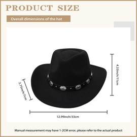 Nidalee Women/Men Cowboy Hat Western Felt Wide Brim Cowgirl Hat Roll Up Fedora Hat Cowboys and Cowgirls with Buckle Belt (Black)
