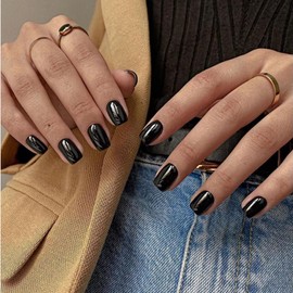 Uñas postizas negras cuadradas cortas, uñas acrílicas esmaltadas de gel, uñas postizas de color puro, uñas postizas pequeñas, uñas adhesivas reutiliza