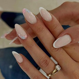 24Pcs Colored Flower Fake Nails Almond Daisy Press on Nails, Milk White French Tip Press on Nails Full Cover Glossy False Nails with Designs Summer Acrylic Nails for Women DIY Manicure Decorations