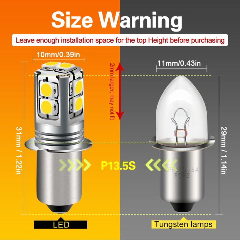 Ruiandsion White P13.5S LED Flashlight Bulb, 6-40V Universal Upgrade (6V/9V/12V/18V/19.2V/24V)
