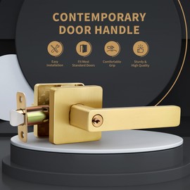 Gaurqiah Brushed Gold Door Handles, Heavy Duty Keyed Entry Door Lever with Lock, Reversible Square Door Handle with Keys for Entrance Front Door, Satin Brass