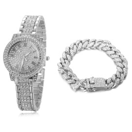 Halukakah Diamond Gold Watch, Women's 18K Genuine Gold/Rose Gold/Platinum Plated White Gold 30 mm Wide Round Dial Quartz Bracelet 19 cm with Cuban Chain Necklace Bracelet, Free Gift Box, Platinum