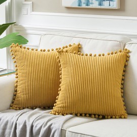 Fancy Homi 22x22 Pillow Covers, 2 Packs Mustard Yellow Throw Pillow Covers with Pom-poms, Super Soft Corduroy Square Solid Cushion Cover for Couch Sofa Bedroom Living Room 55x55 cm