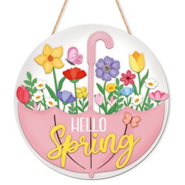 Spring Decoration Wood Door Wall Signs, Wooden Wreaths Front Door Welcome Sign Umbrella Flower Sign Ornaments Door Hanger Crafts for Spring Home Farmhouse Party Porch Wall Decor