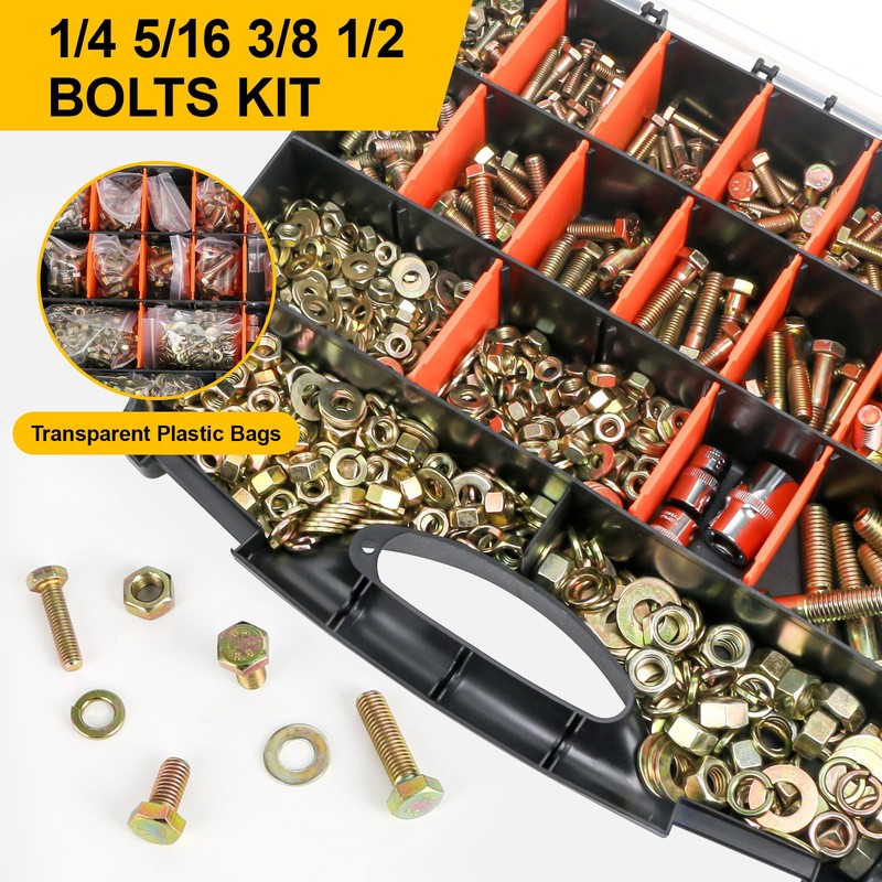 1000PCS Grade 8 Bolt Assortment Kit, Heavy Duty Bolts and