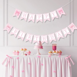 Bow Happy Birthday Banner kit for Girls 13th16th 21th 25th Birthday Bridal Shower Bachelorette Party Decor Coquette Aesthetic Theme Supplies Decorations(Checkered Pink)