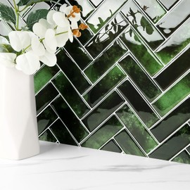FunStick 30-Sheets Green Herringbone Peel and Stick Backsplash Tile Sticker for Kitchen Bathroom 12"x12" Removable Stick on Backsplash Tiles for Kitchen Shower Wall Tiles Renter Friendly Back Splashes