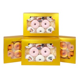 qiqee Auto-pop up Gold Cookie Box with Window 12x8x2.5 inch 32 Packs Two Uses One Second Folding Pastry Biscuit Bakery Box for Packaging