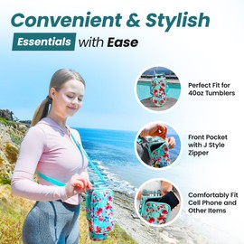 Made Easy Kit Tumbler Cup Carrier w/Handle Opening for 40oz Bottles - Cell Phone Sized Pocket & Adjustable Padded Shoulder Strap - Metal Hardware, Key Hook (Teal Floral, Tall Large)