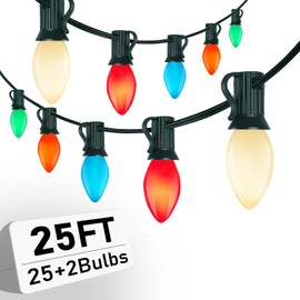 Multicolor Christmas Lights C7 Vintage Christmas String Lights with 27 Ceramic Edison Bulbs(2 Spare), Hanging Outdoor Multicolor Lights for Christmas Party Backyard Wedding Decor, 25FT-Green Wire