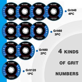 SI FANG 10 Pack Grinding Discs 115 x 22.2mm Zirconia Abrasive Angle Grinder Flap Discs Set, 40 60 80 120 Grit Assorted 4 1/2 inch Sanding Discs for Polishing Grinding Metal Wood Stainless Steel