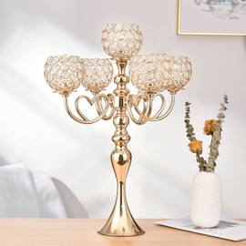 VINCIGANT Gold Crystal Candle Holders 5 arm Candelabra Centerpiece for Wedding Table Decorations, 21.5 Inches Tall