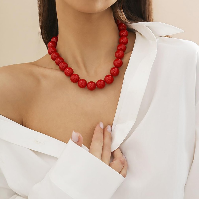 Gargantilla grande con abalorio rojas para mujer, clásico de perlas