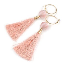 Long Peach Pink Cotton Ball and Tassel Hoop Earrings/Gold Tone Metal/ 12.5cm L