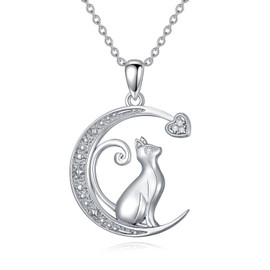 LWXIE Diamond Cat Necklace 925 Sterling Silver Moon Cat Pendant Necklace Cute Animal Jewelry Mothers Day Gifts for Women Cat Lovers, Sterling Silver, Diamond