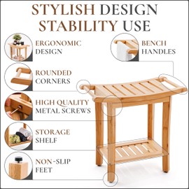 Bamboo Shower Bench with Handles and Shelf – Waterproof Stool for Inside Shower, Bathroom Foot Rest, Shaving Seat, Bamboo Shower Chair for Adults