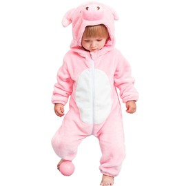 Kirmoo Unisex Baby Animal Costume Winter Autumn Flannel Hooded Romper Cosplay Jumpsuit (80 (for 6~12 months), Pig)