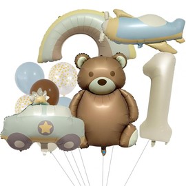 JAHEMU Balloons Bear Birthday 1 Year Foil Car Airplane Rainbow Aluminium Balloons 1 Year Birthday Girl Boy Party Decorations Baby Shower (11 Pieces)