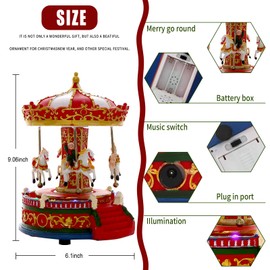 Christmas Carousel Figurines Decoration Christmas Village House Musical Carousel with 6 Moving Horses Go Round, 8 Pieces of Music Snow Globe, Music Box for Girl and Boy Kids