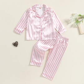 Toddler Baby Girls Satin Pajamas Outfits Stripe Long Sleeve Shirts Long Pants 2 Pieces Lounge Sets Sleepwear (Pink, 2-3 Years)