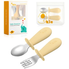 Qkie Toddler Utensils, Toddler Forks and Spoons, Baby Spoons Self Feeding, Stainless Steel Baby Silverware with BPA Free Silicone Easy Grip, 8 Months+
