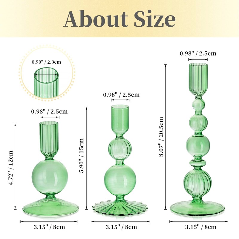 Hewory Glass Candlestick Holders Set: 3PCS Green Candle Holder Taper