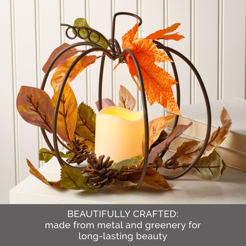 Elements Black Metal Wire Pumpkin with Artificial Leaves and LED
